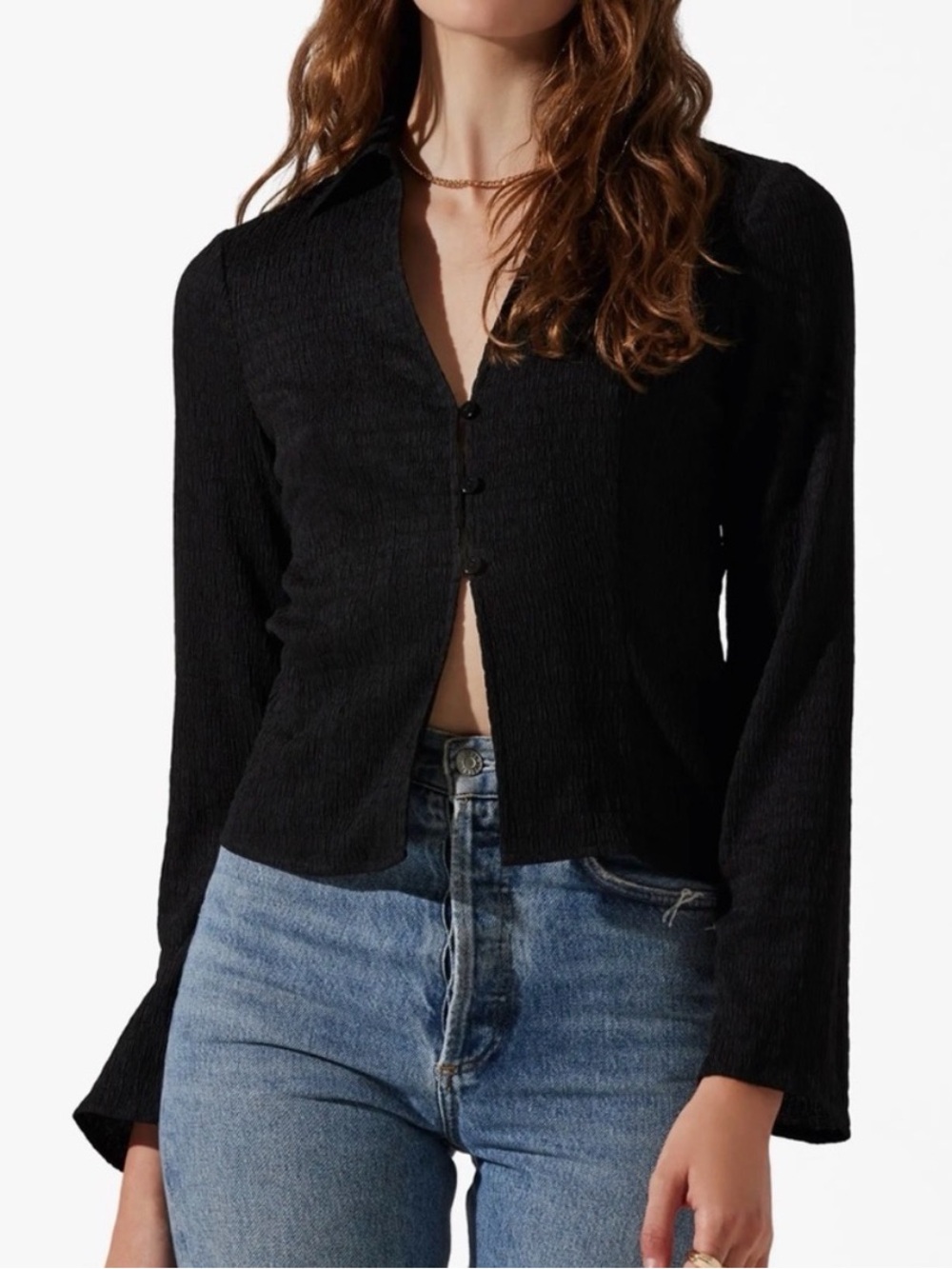 Astr Black Ribbed V-Neck Button-Up Sweater